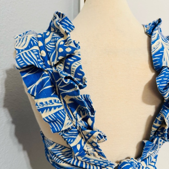 Ybara Women Blue and White Patterned Hawaiian Adjustable Back Bow Top Fits M-XL - Picture 6 of 11